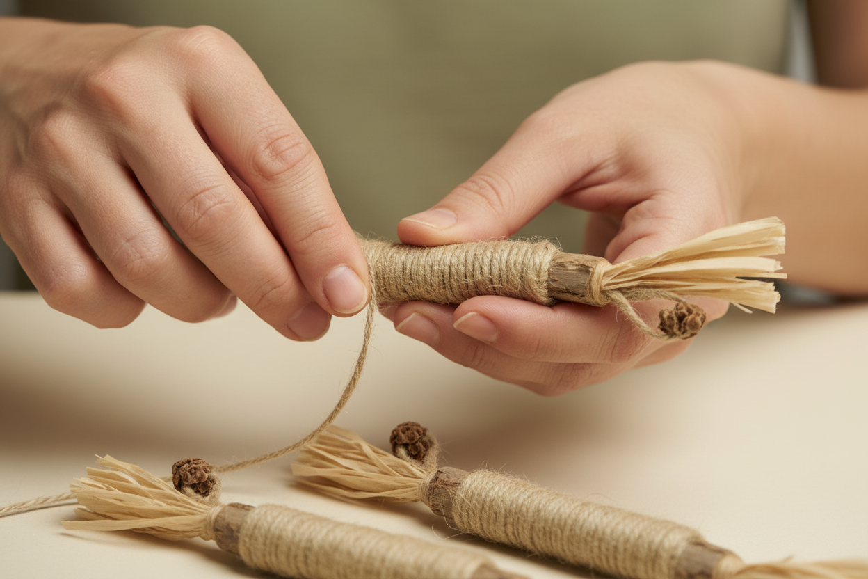 Artisan handcrafting silvervine sticks with twine and pinecones