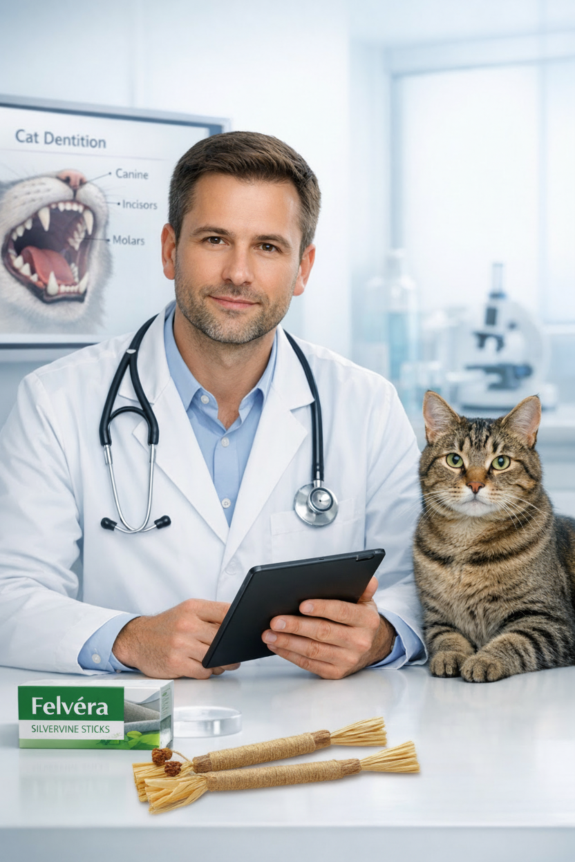 Vétérinaire avec chat et bâtonnets Silvervine Felvéra
